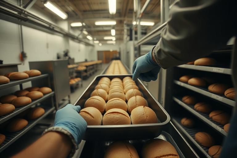 Head-mounted camera view of a worker loading bread trays