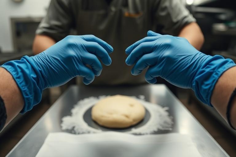 Chest camera view of gloved hands shaping dough