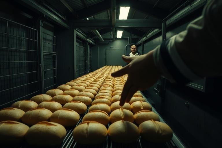 Left shoulder camera view of a bakery production line