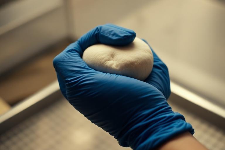 Right wrist camera close-up of a hand holding dough