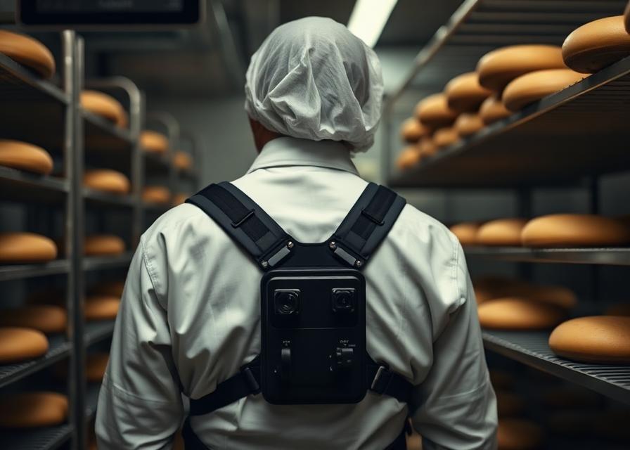 Worker in a bakery wearing a compact body-mounted six-camera capture system